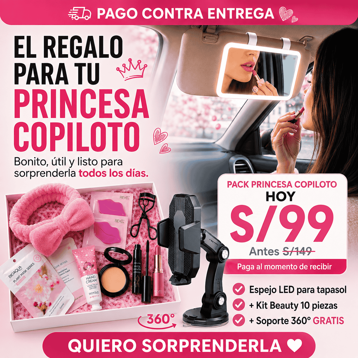 🎀✨ ESPEJO LED PARA AUTO + KIT DE LUJO 🚗💎 — ¡EL MEJOR REGALO PARA TU PRINCESA! 💝✨